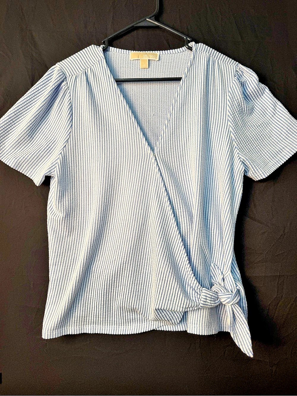 Michael Kors Women's Striped Tie-Front Cotton Top Blue & White Size Large
